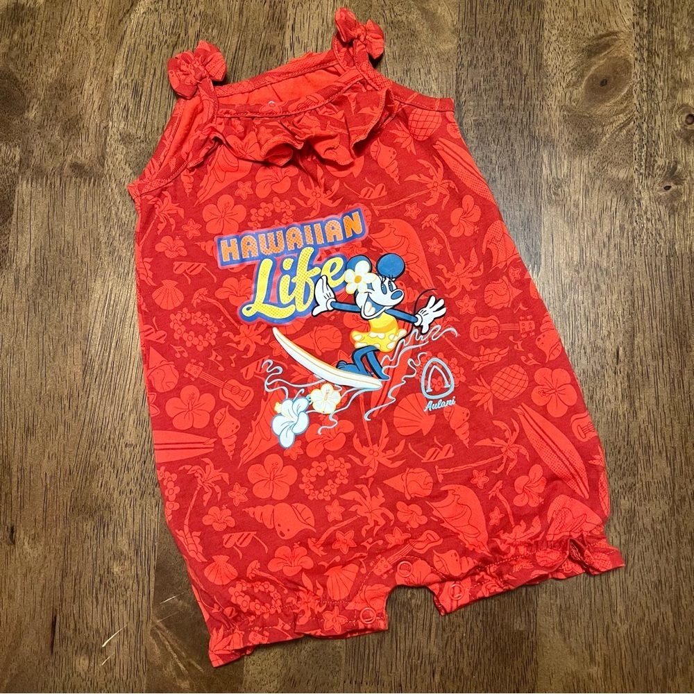 Disney’s Aulani Minnie Mouse Baby Girl Hawaiian Surf Floral Red Romper 3-6 Month